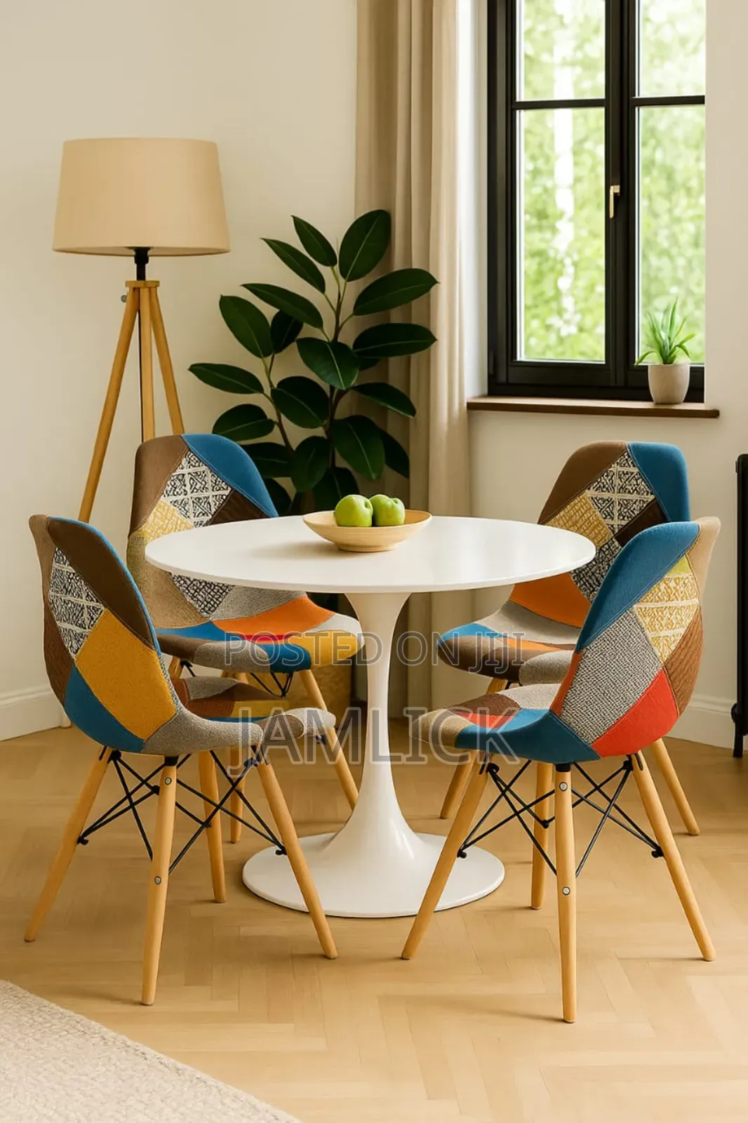 80cm Wooden Top Round Table Patchwork Eames Chair - Th