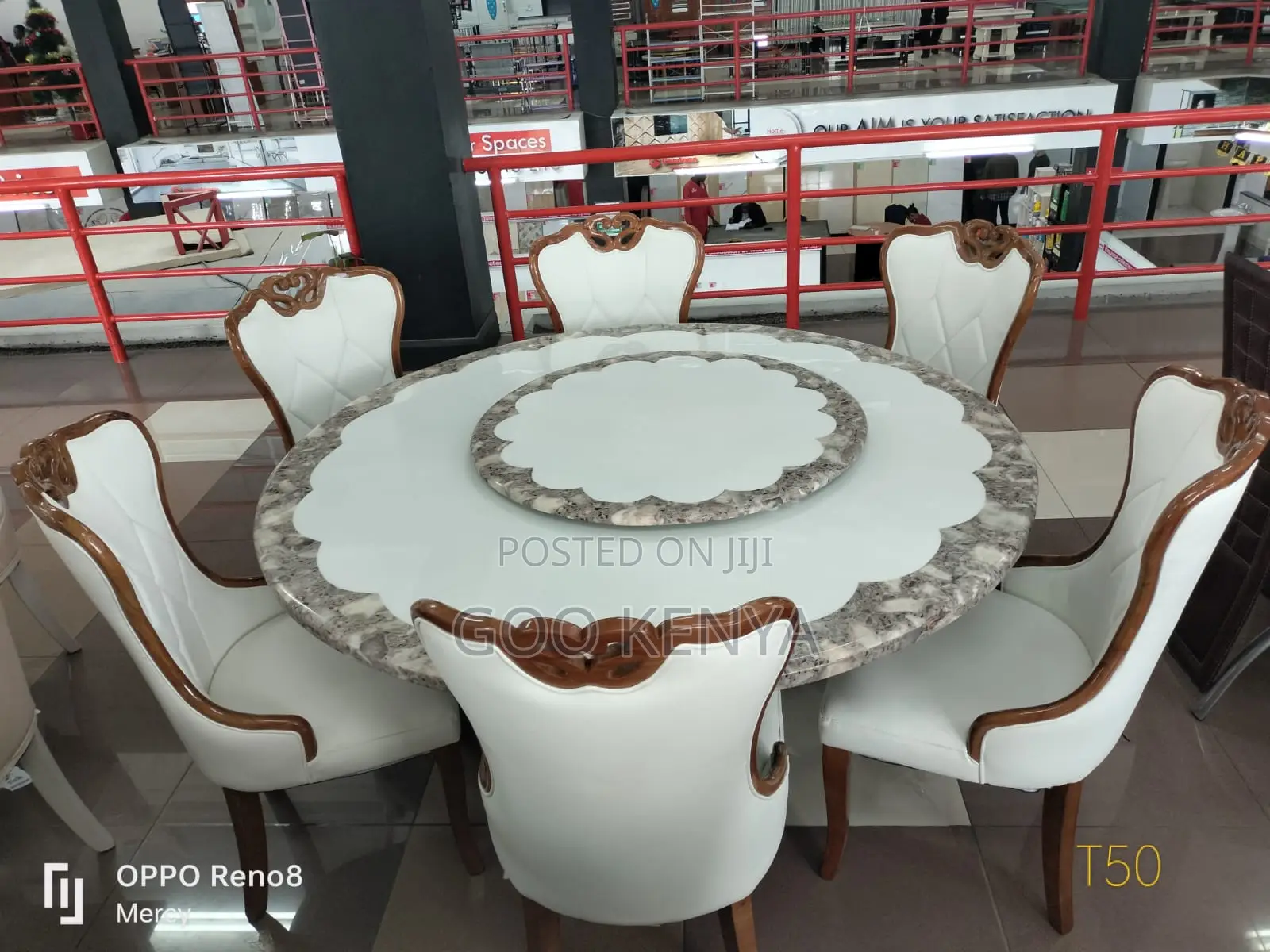 Home Dining Table; 6-person White Round Dining Turn Table Set
