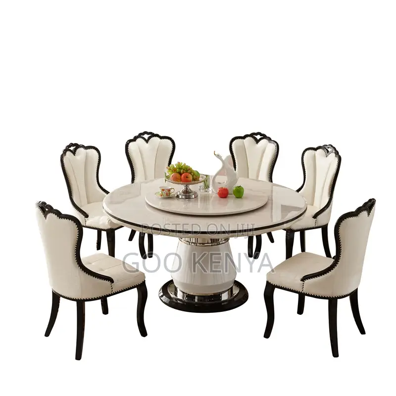 Home Dining Table; 6-person White Round Dining Turn Table Set