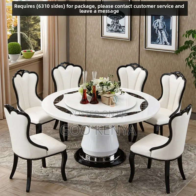 Home Dining Table; 6-person White Round Dining Turn Table Set