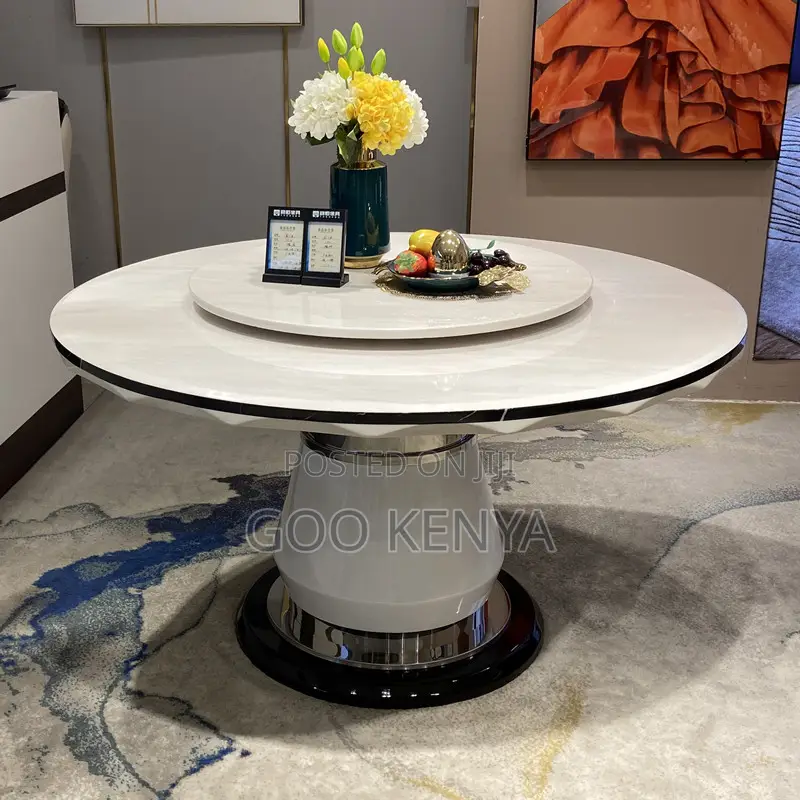 Home Dining Table; 6-person White Round Dining Turn Table Set