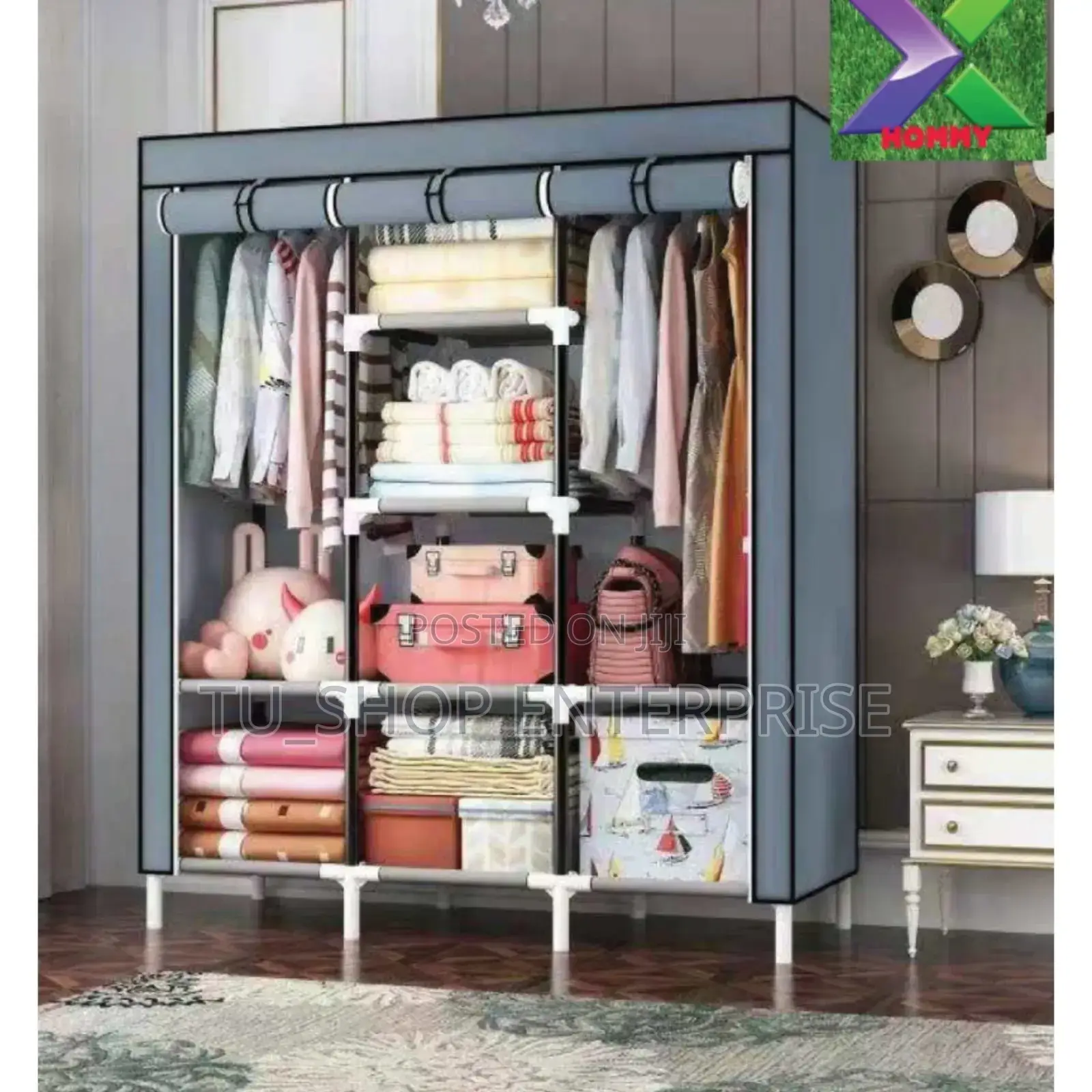 3-Column Portable Wooden Wardrobe – Stylish Clothes Storage Cabinet