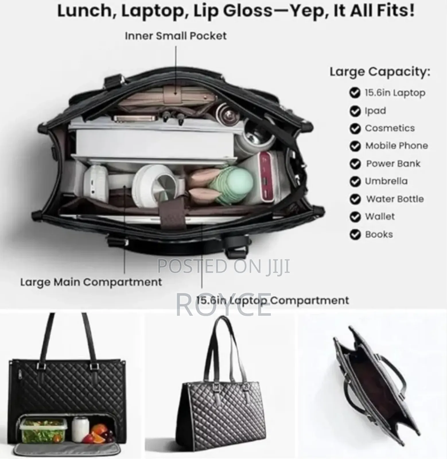 Quilted Laptop Tote  Bag With Insulated Lunch Compartment