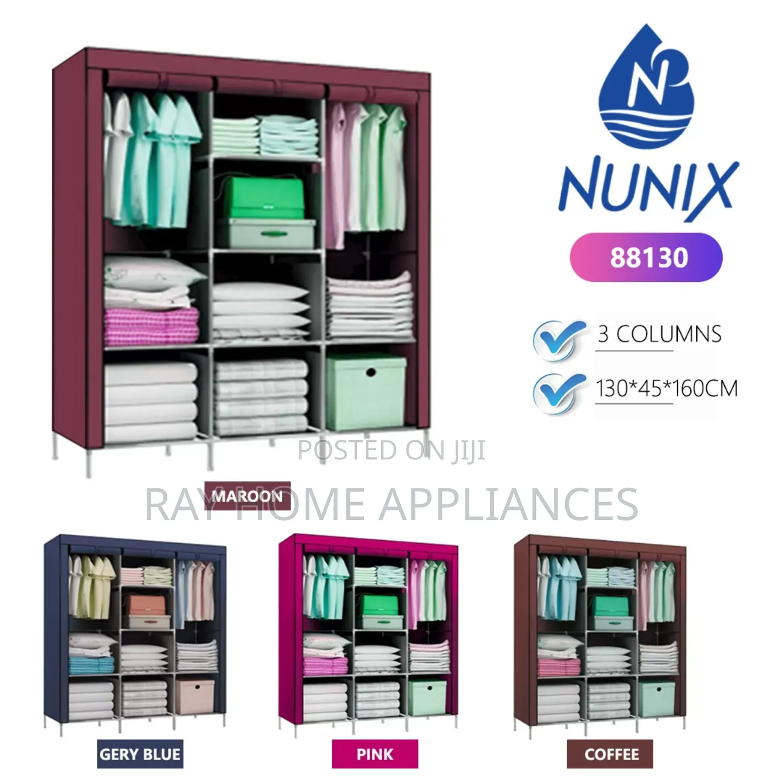 Portable Metallic Wardrobe 3 Column