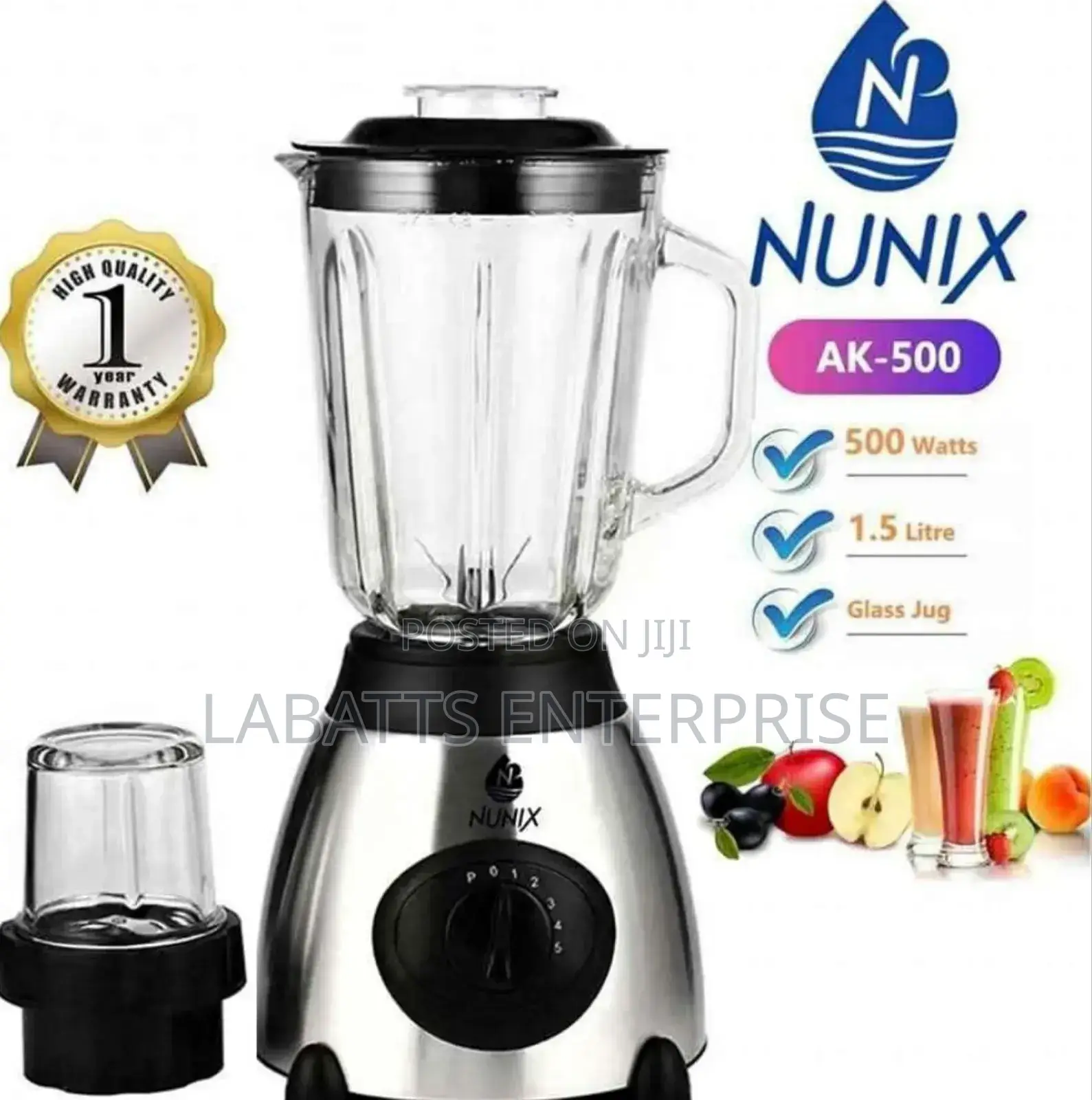 Nunix Ak-500 Powerful 2 in 1 Blender With Glass Jar - 1.5ltrs