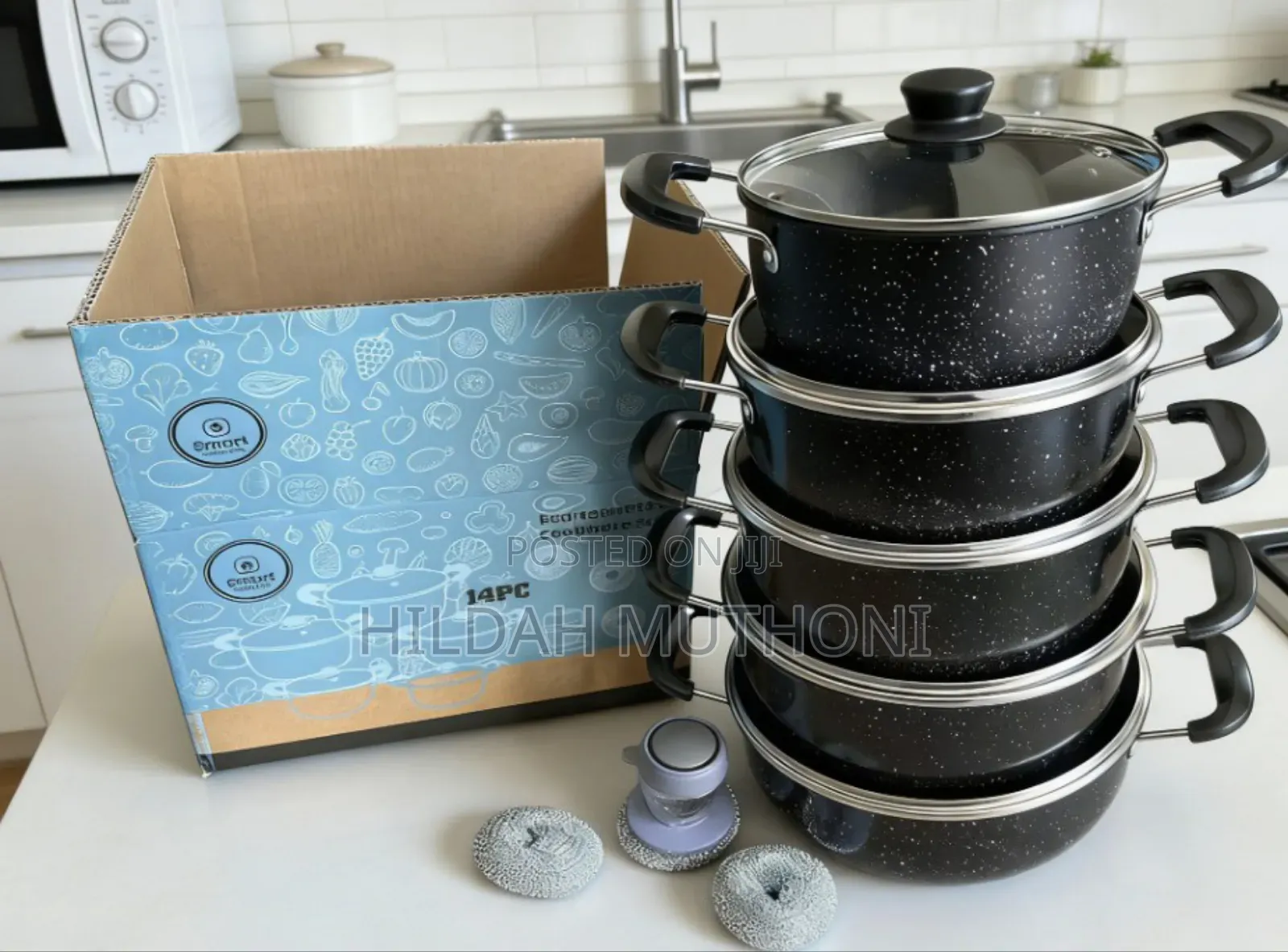 14 Pieces Non Stick Cookware Set 
Box Has 4 Pieces