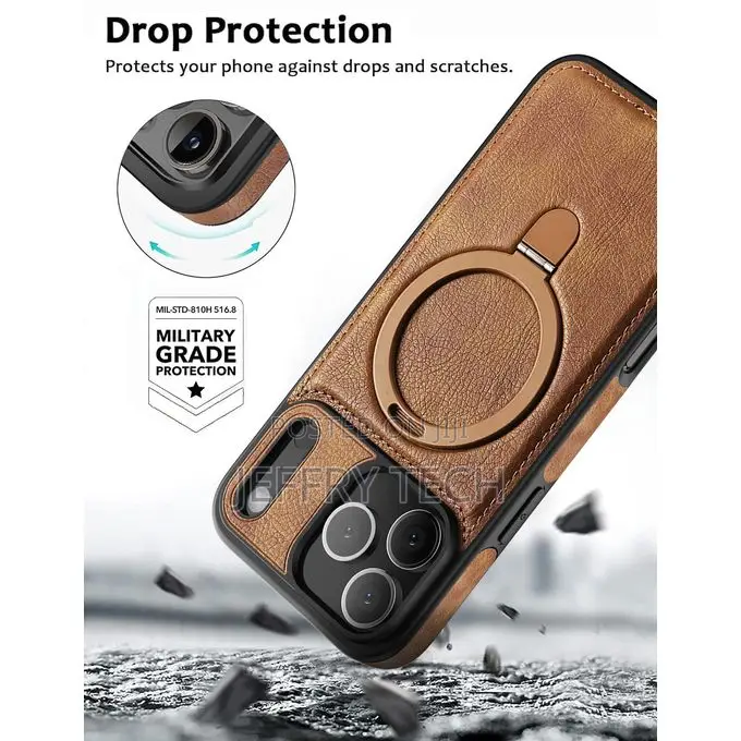 iPhone 17 Pro Max High Quality Leather Case, Magsafestand Ring - Brown