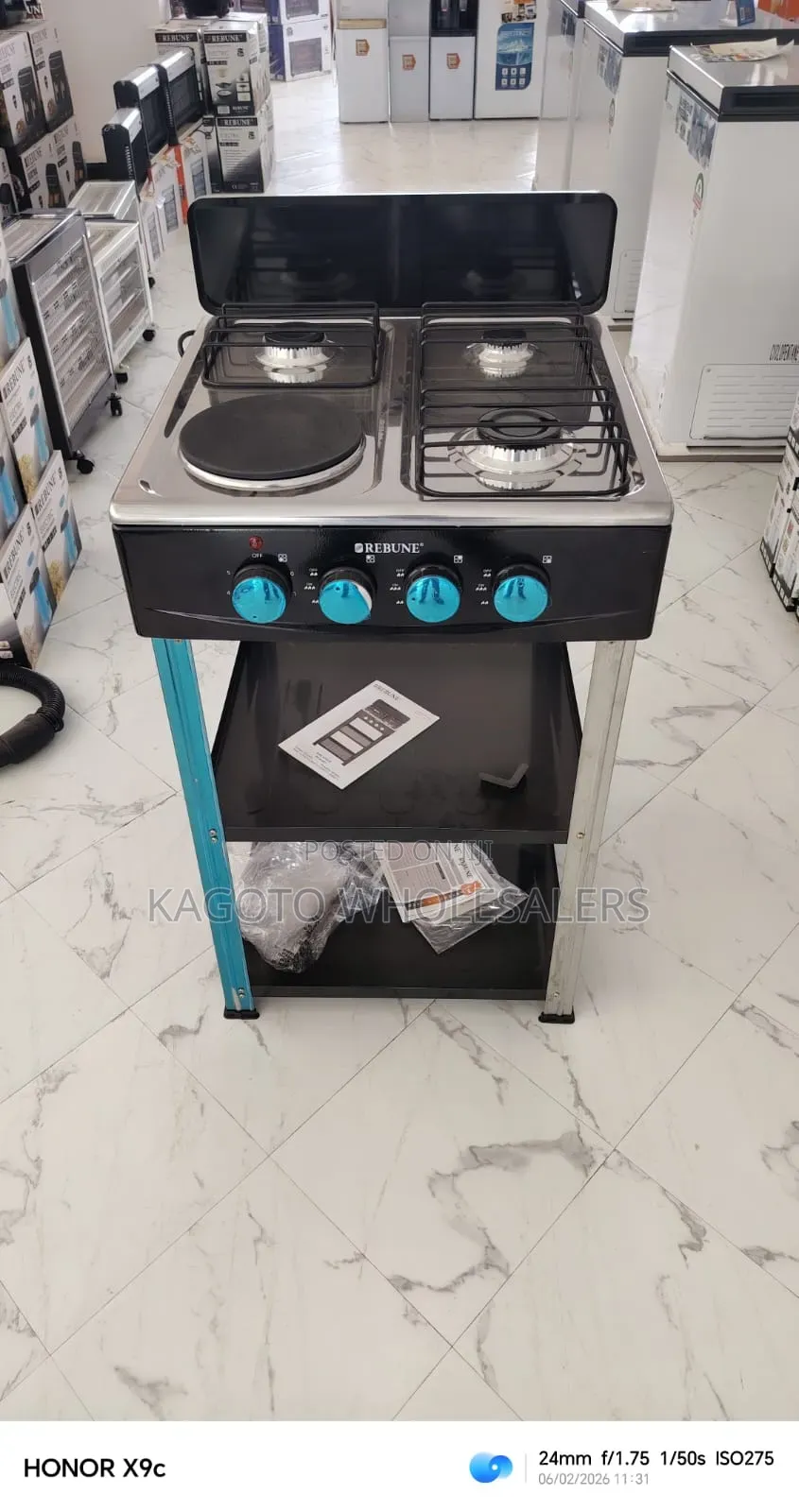 🔥Rebune 3gas +1 Electric Burner Standing Gas Stove With Shelves