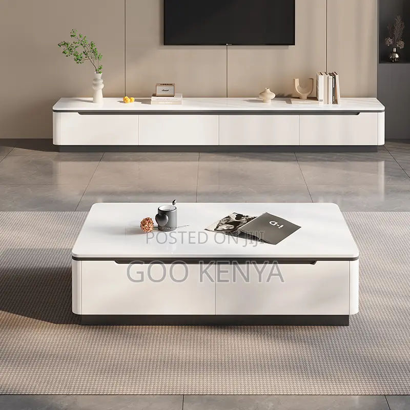 Living Room Tv Table Set;Modern White Marble Tv Console With Table Set