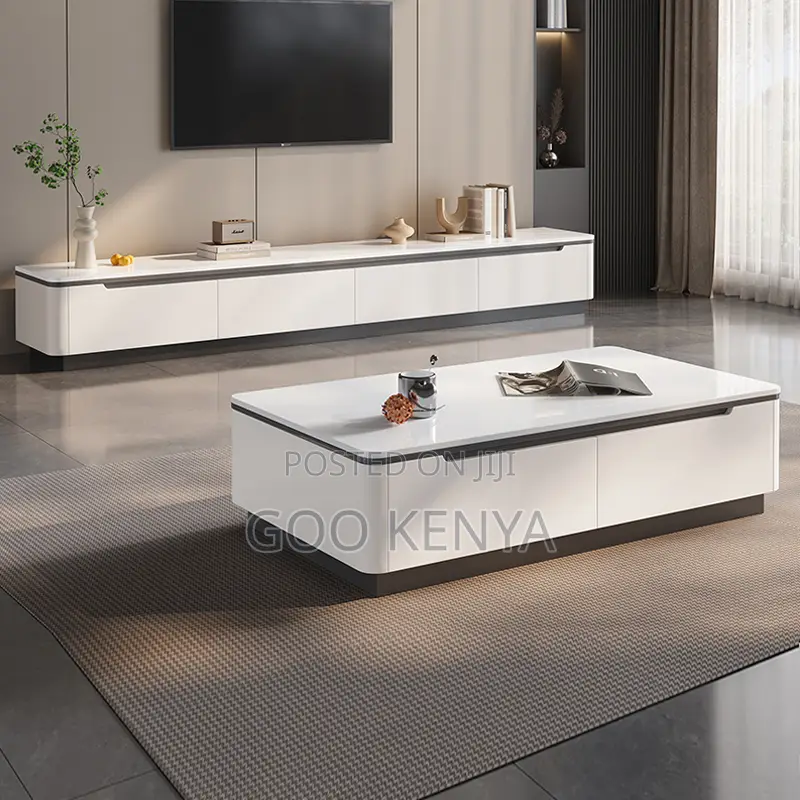 Living Room Tv Table Set;Modern White Marble Tv Console With Table Set