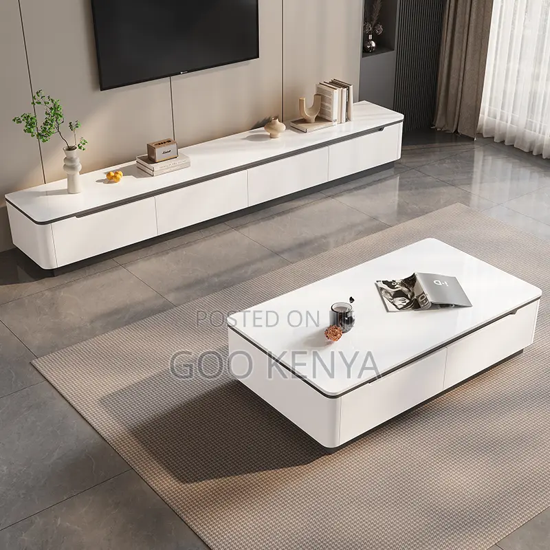 Living Room Tv Table Set;Modern White Marble Tv Console With Table Set