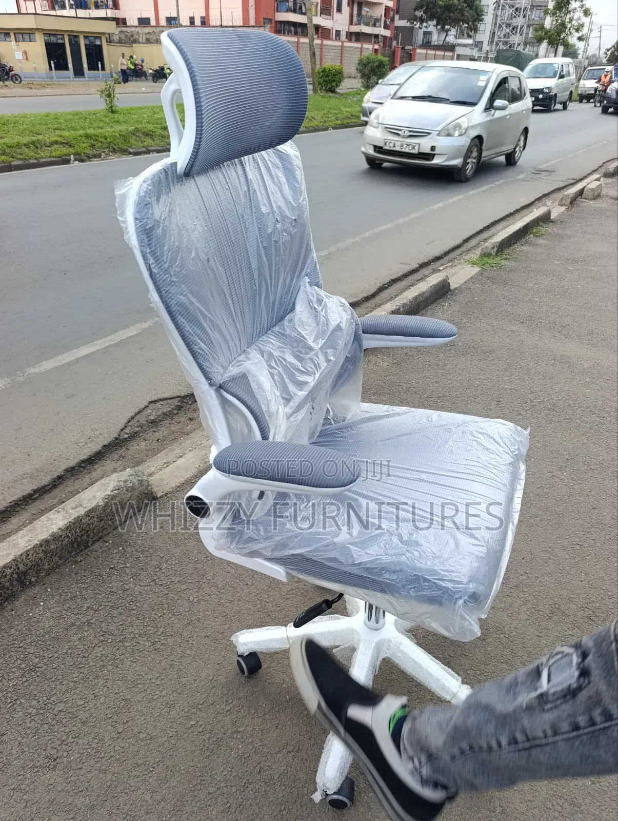 White Gray Office Chair With Flipping Hand's