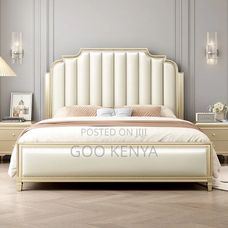 Home Bed; Elegant King Size Wooden Bed With Upholstered Headboard