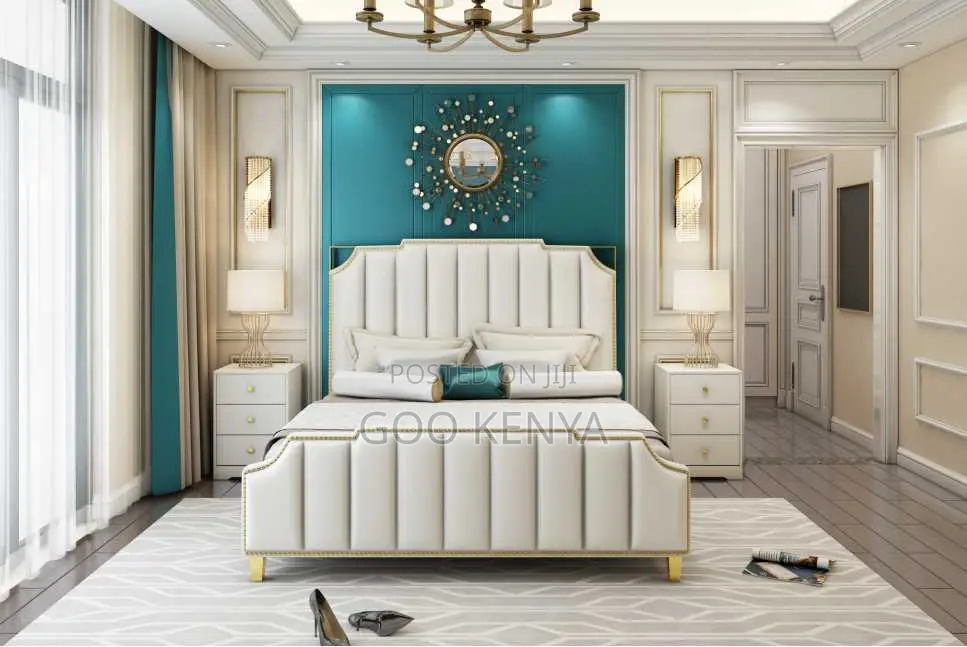 Home Bed; Elegant King Size Wooden Bed With Upholstered Headboard