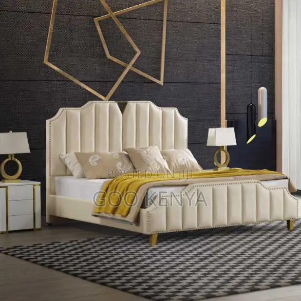 Home Bed; Elegant King Size Wooden Bed With Upholstered Headboard