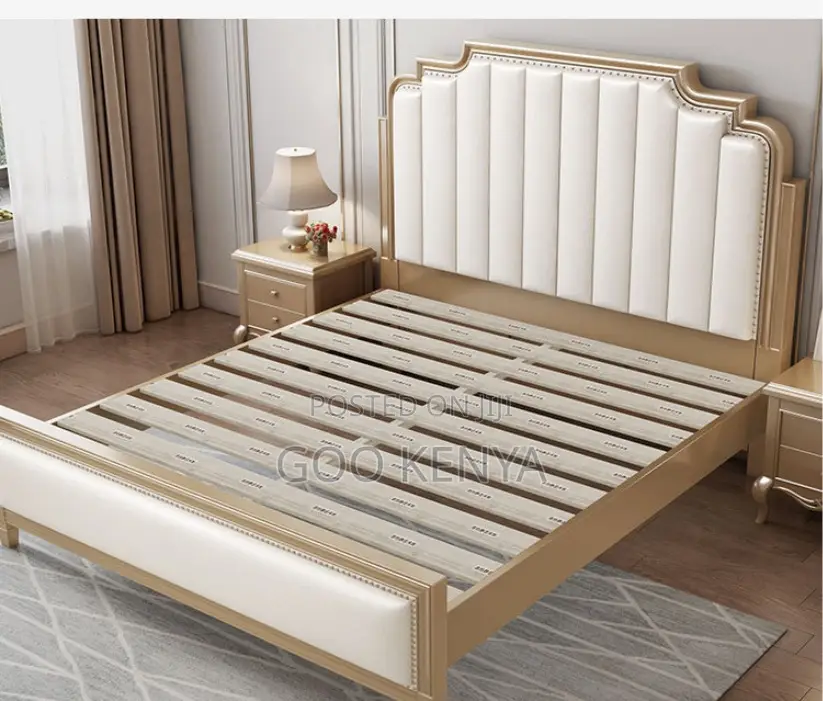 Home Bed; Elegant King Size Wooden Bed With Upholstered Headboard