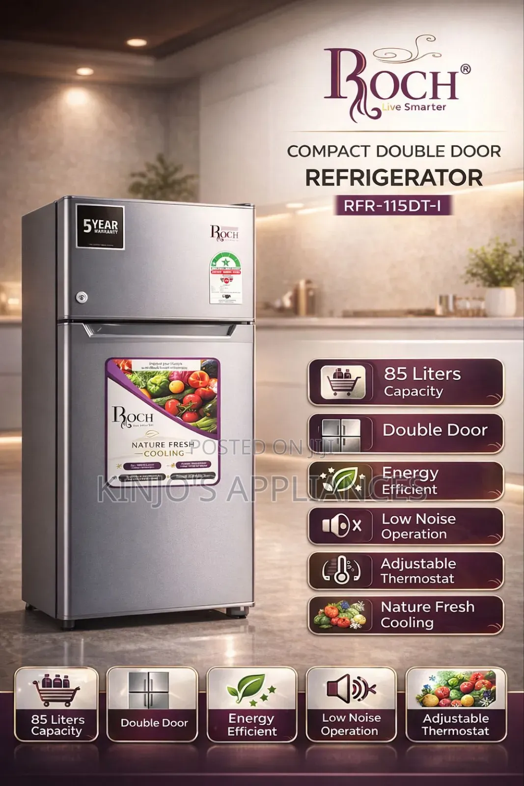 90 Litres Roch Double Door RFR-115 Dt-1 Refrigerator Fridge