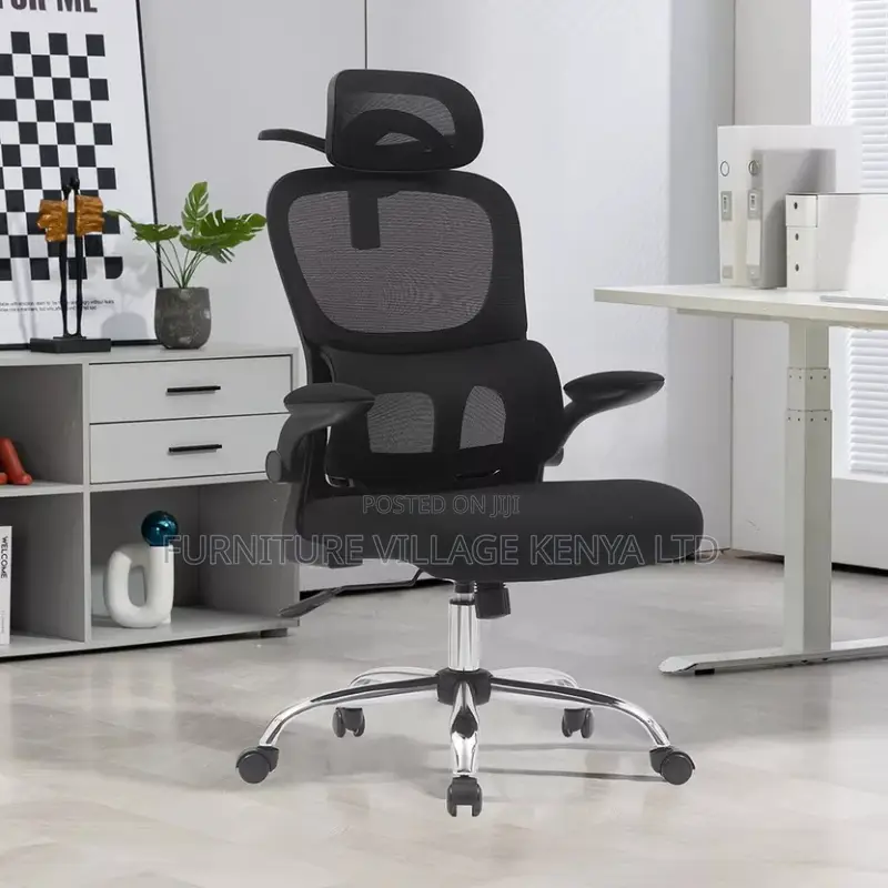 Office Chair; Black Ergonomic Office Chair With Flip Arms