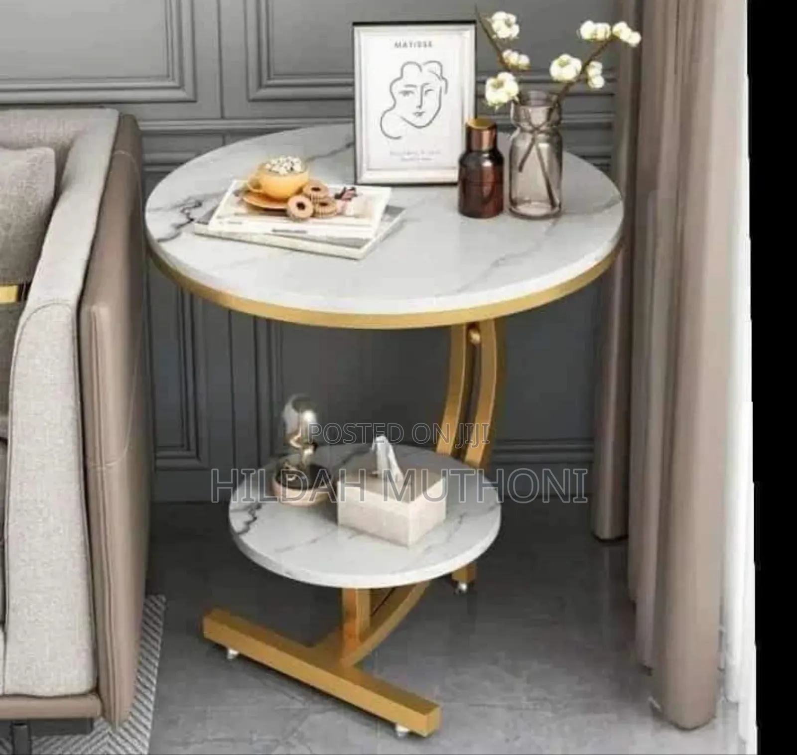 Console Bedside Cabinet Double Layer MDF Marble Effect Coffees Table