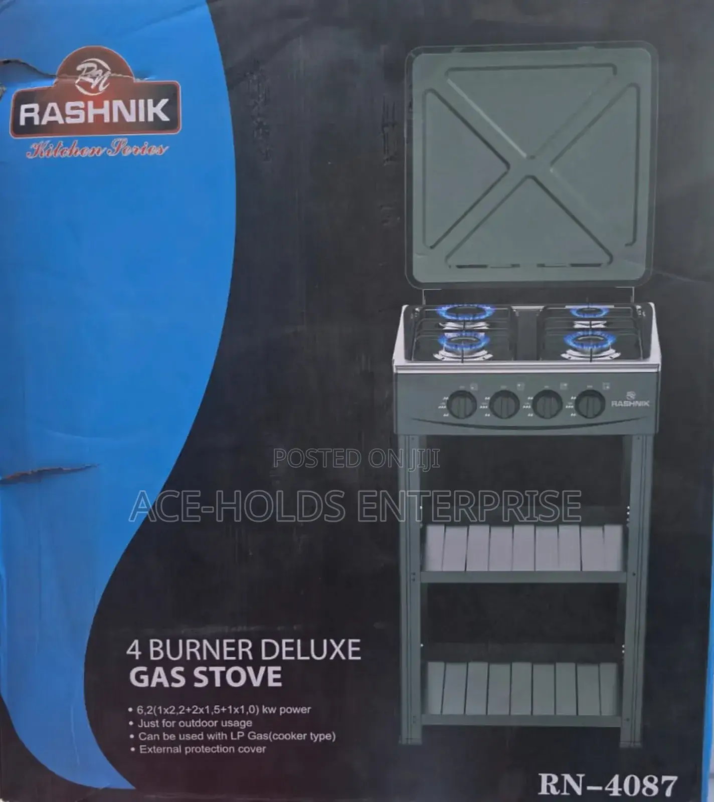 Rashnik 4 Burner Deluxe Gas Stove With Shelves, Standing Gas Cooker