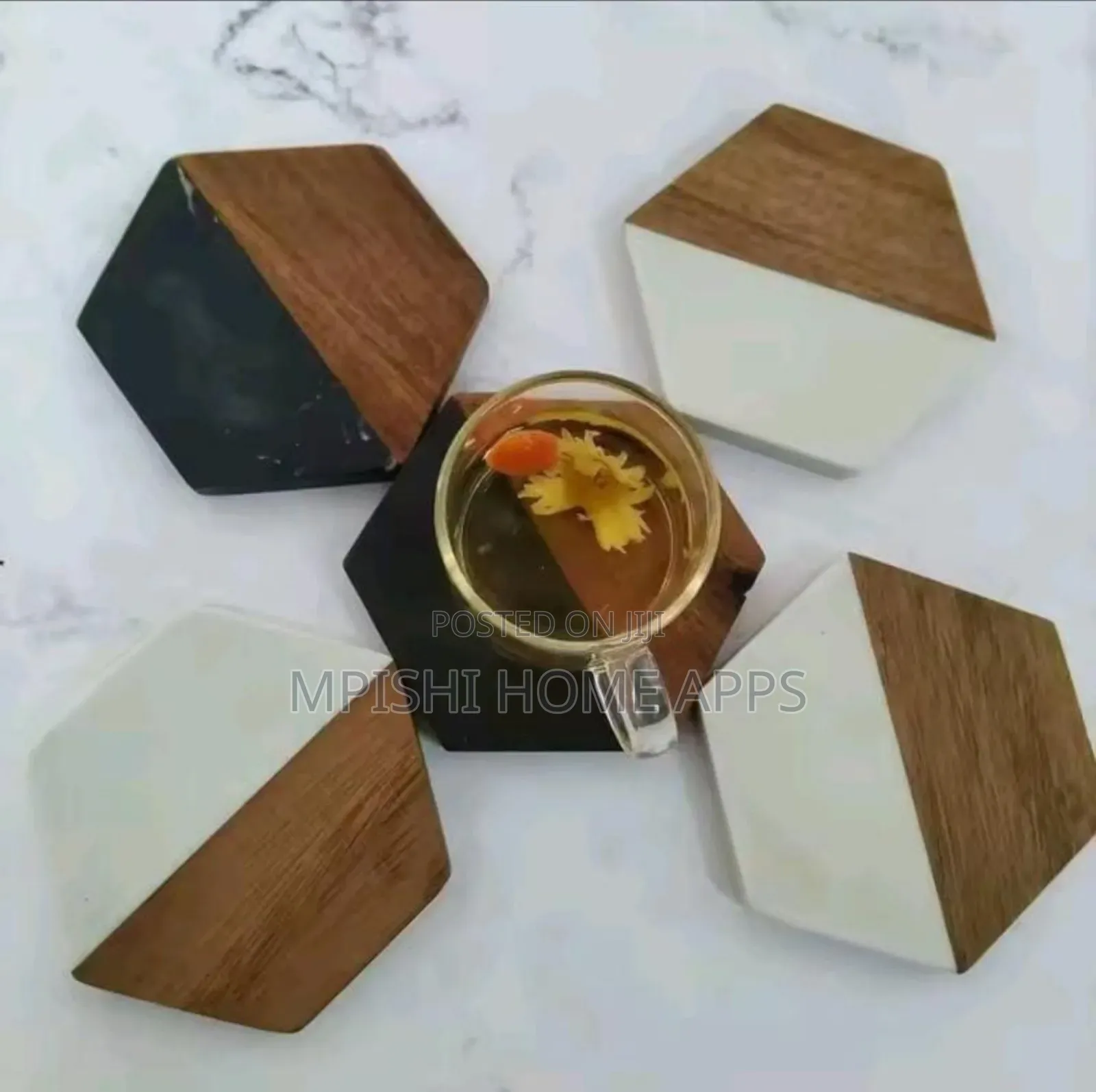 6pcs Hexagon White Marble and Wood Coasters