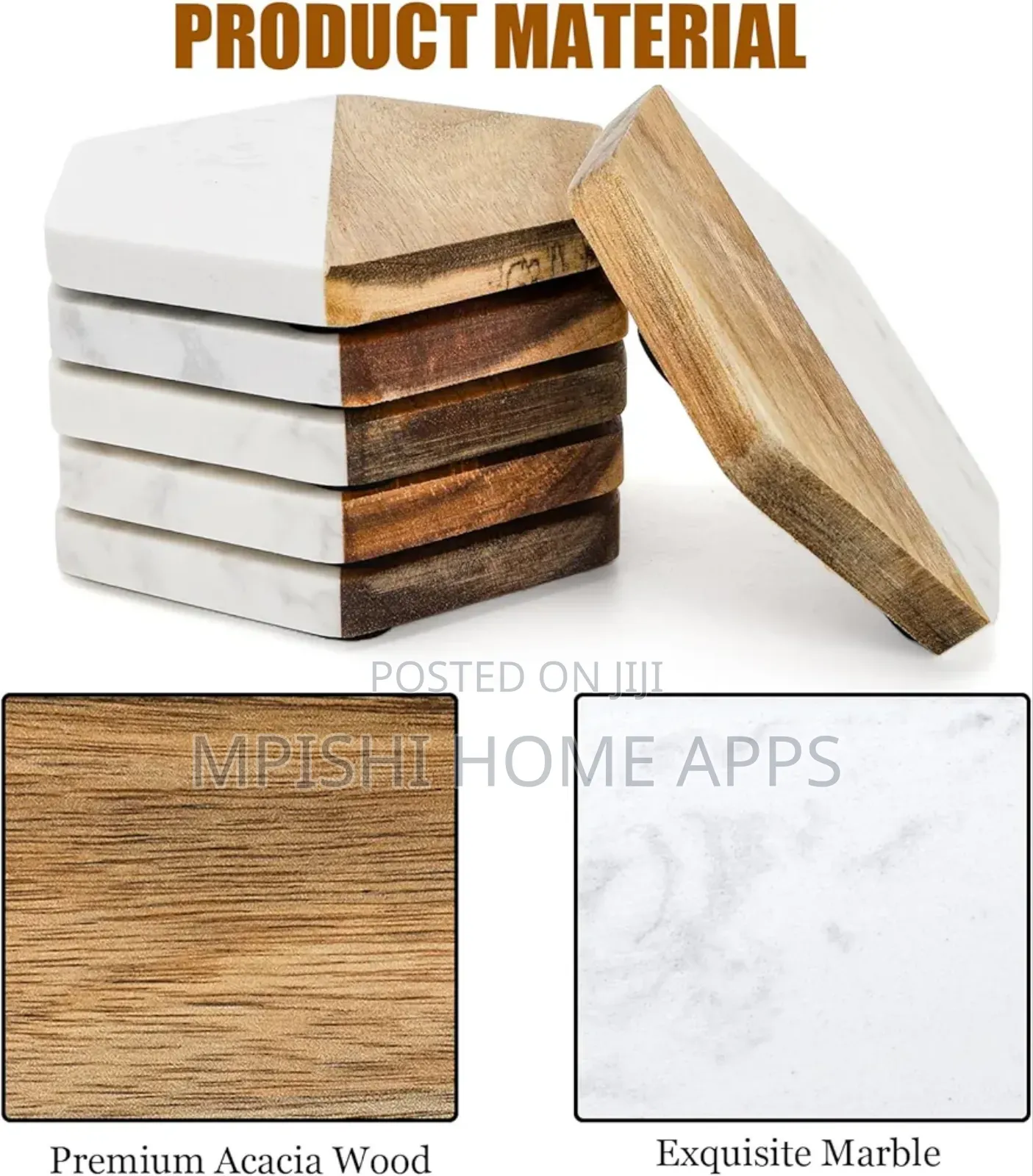 6pcs Hexagon White Marble and Wood Coasters