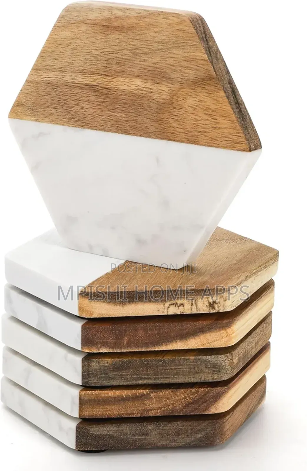 6pcs Hexagon White Marble and Wood Coasters