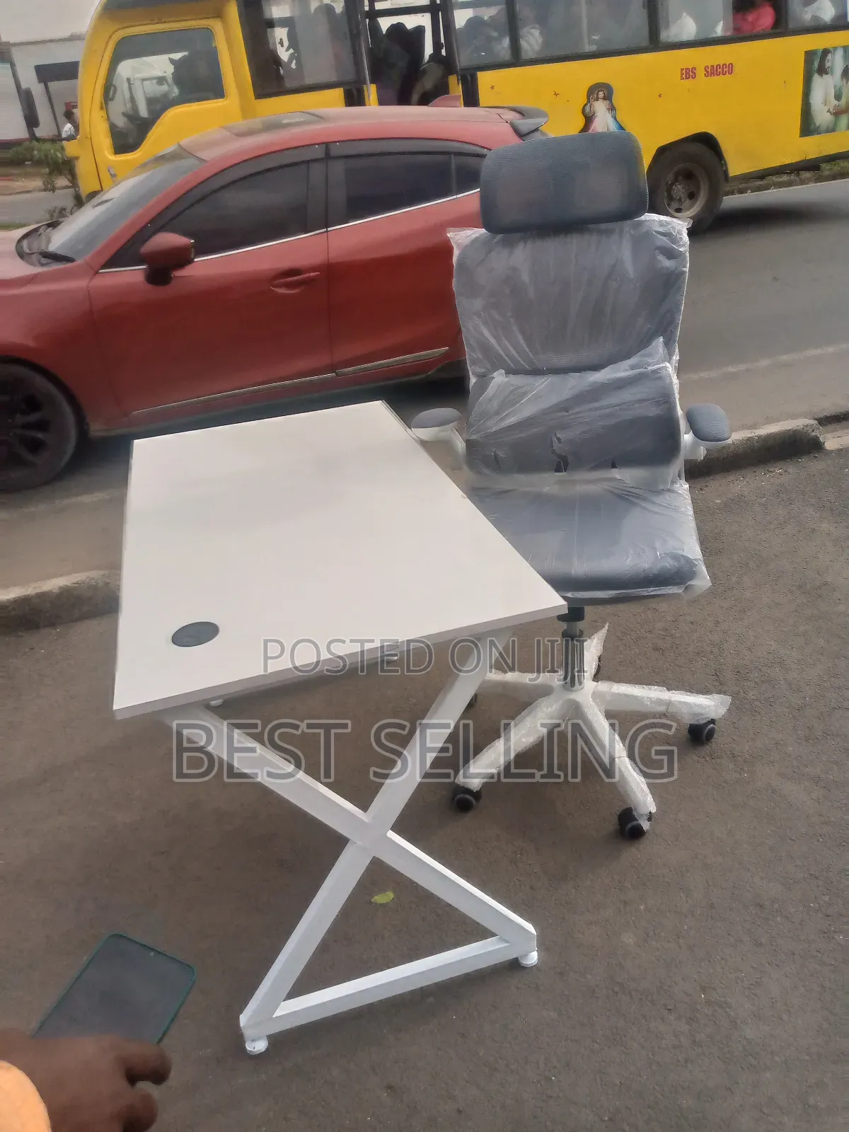 White Metallic Stand Table and White Brown Executive Chair