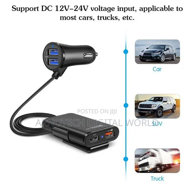 4 Usb Ports Front Back Car Charger With 6ft Extension Cord Cable