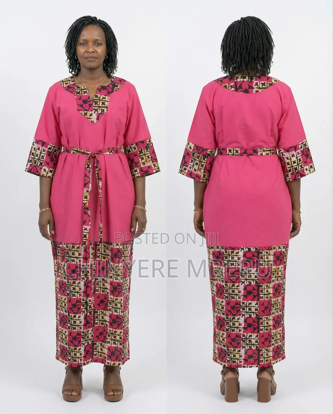 Long Pink and Tie Dye Kaftan Dress With Waist Tie