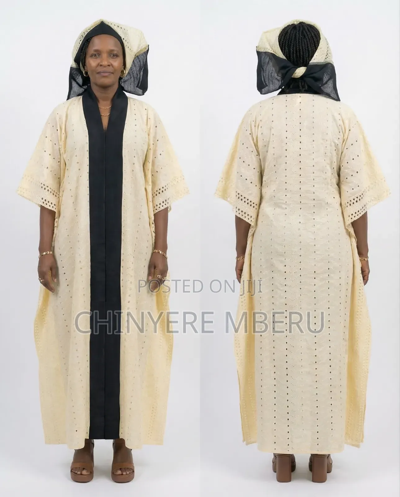 Cotton Lace Kaftan Dress With Black Ashoke Design in the Front