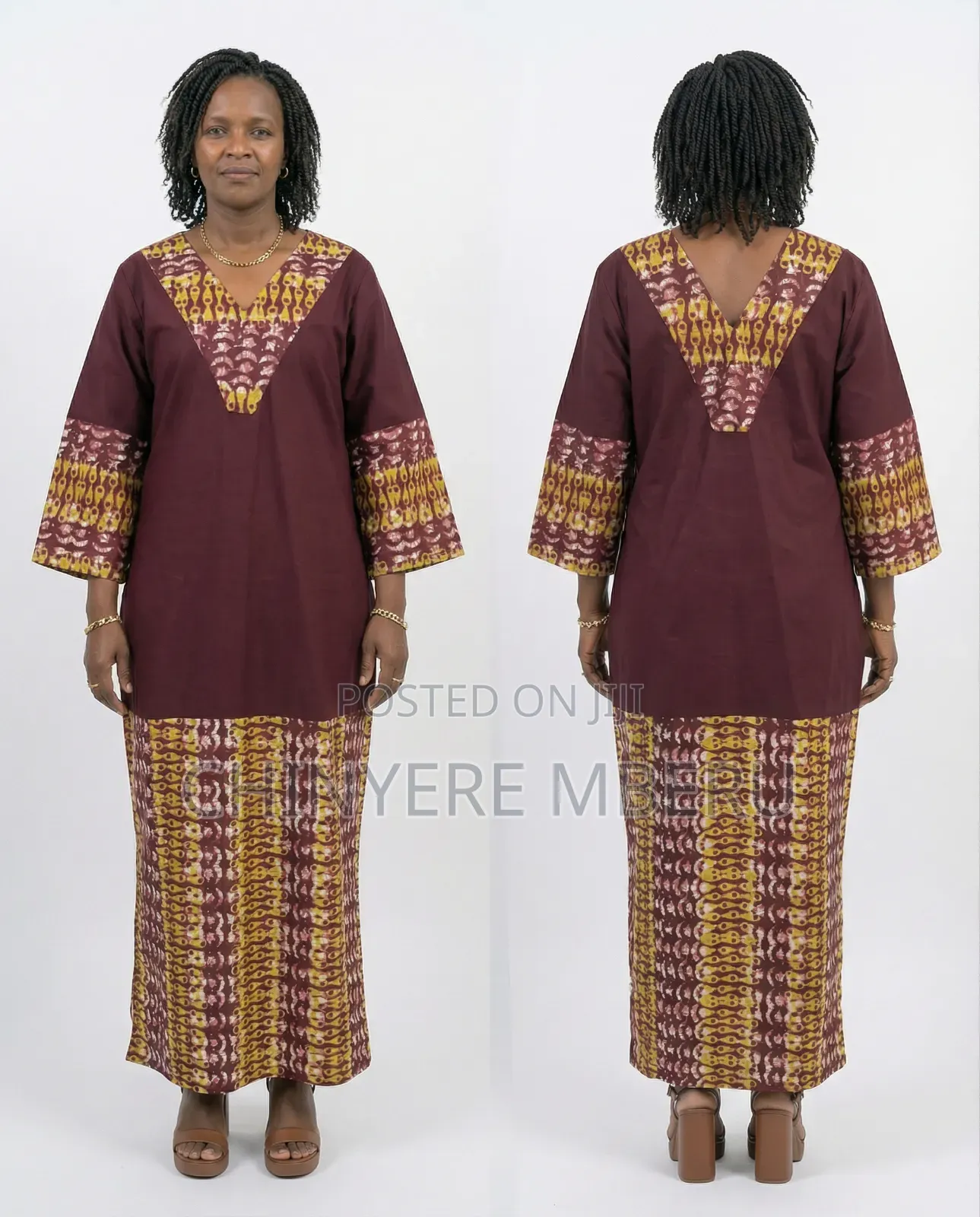 Long Maroon v-Neck Kaftan Dress