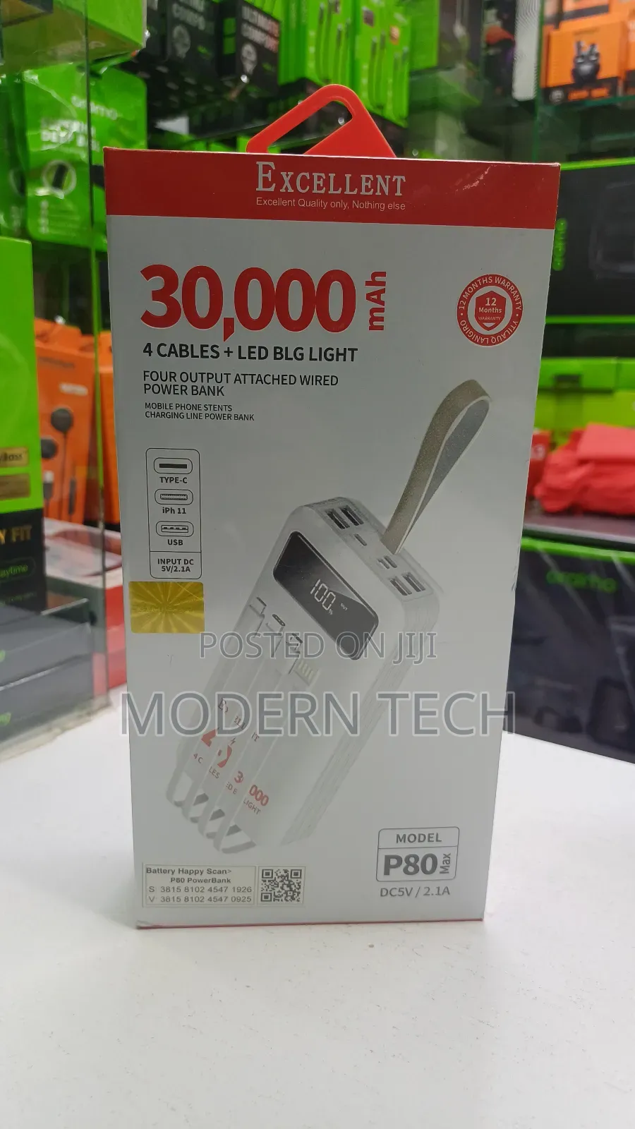 Excellent P80 30,000mah 4 Cables + Led Big Light Power Bank