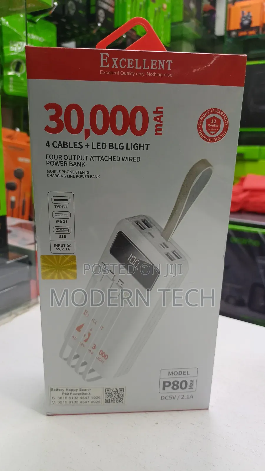 Excellent P80 30,000mah 4 Cables + Led Big Light Power Bank