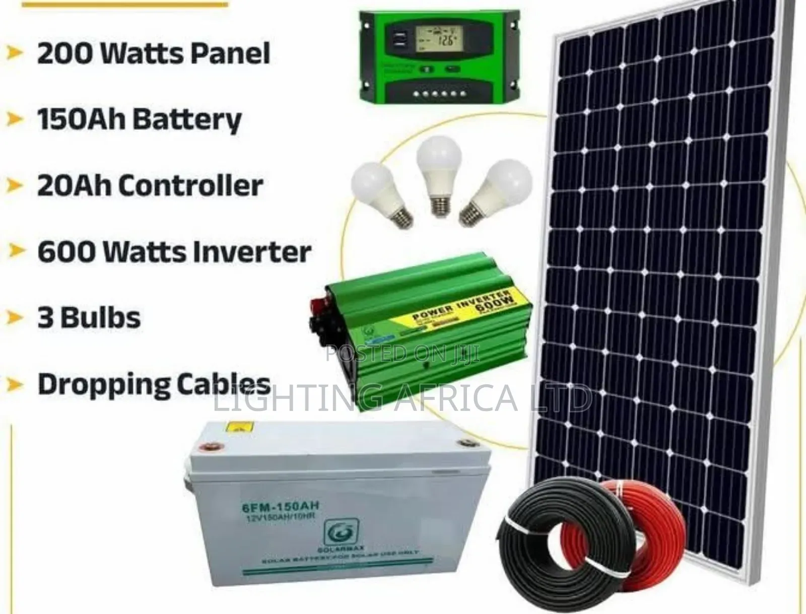 200 Watts Full Solar Kit - 150ah Battery - 300w - 600w Inverter