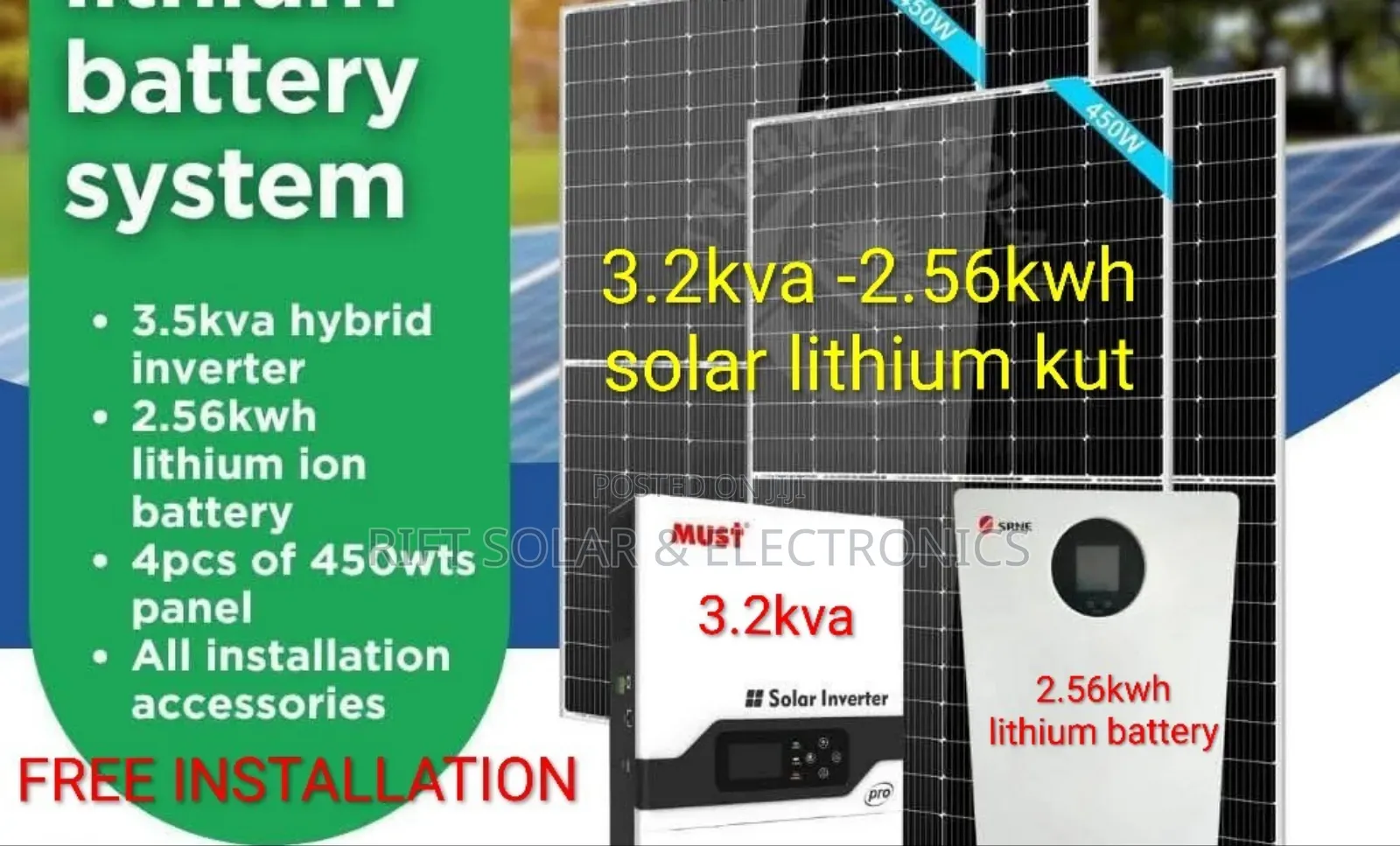 3.2kva Hybrid Inverter - 2.56kwh (100ah) Lithium Battery (2)625w Solar