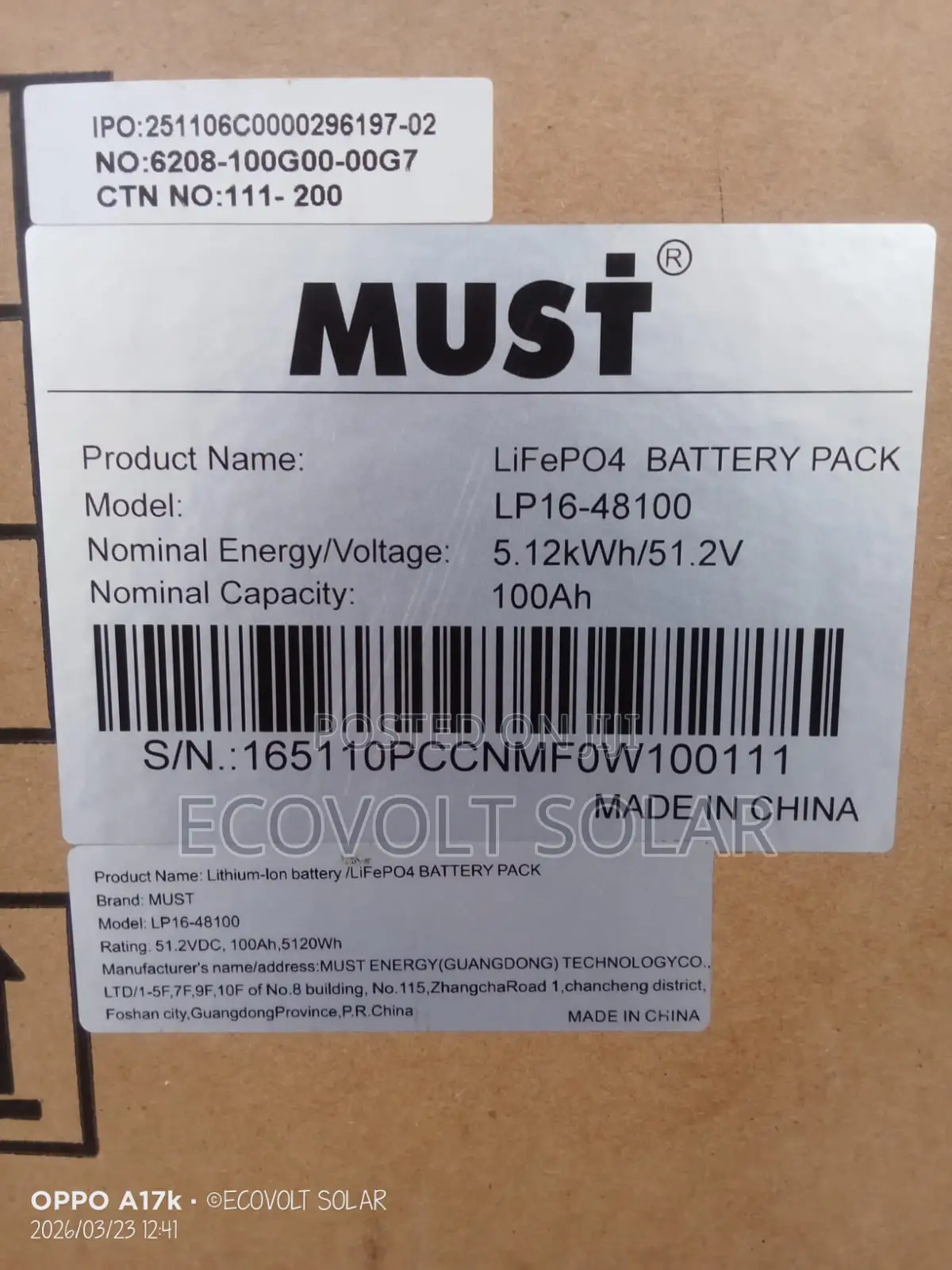 Must 5.12kwh 100ah 51.2v Lithium Ion Battery Lp16-48100
