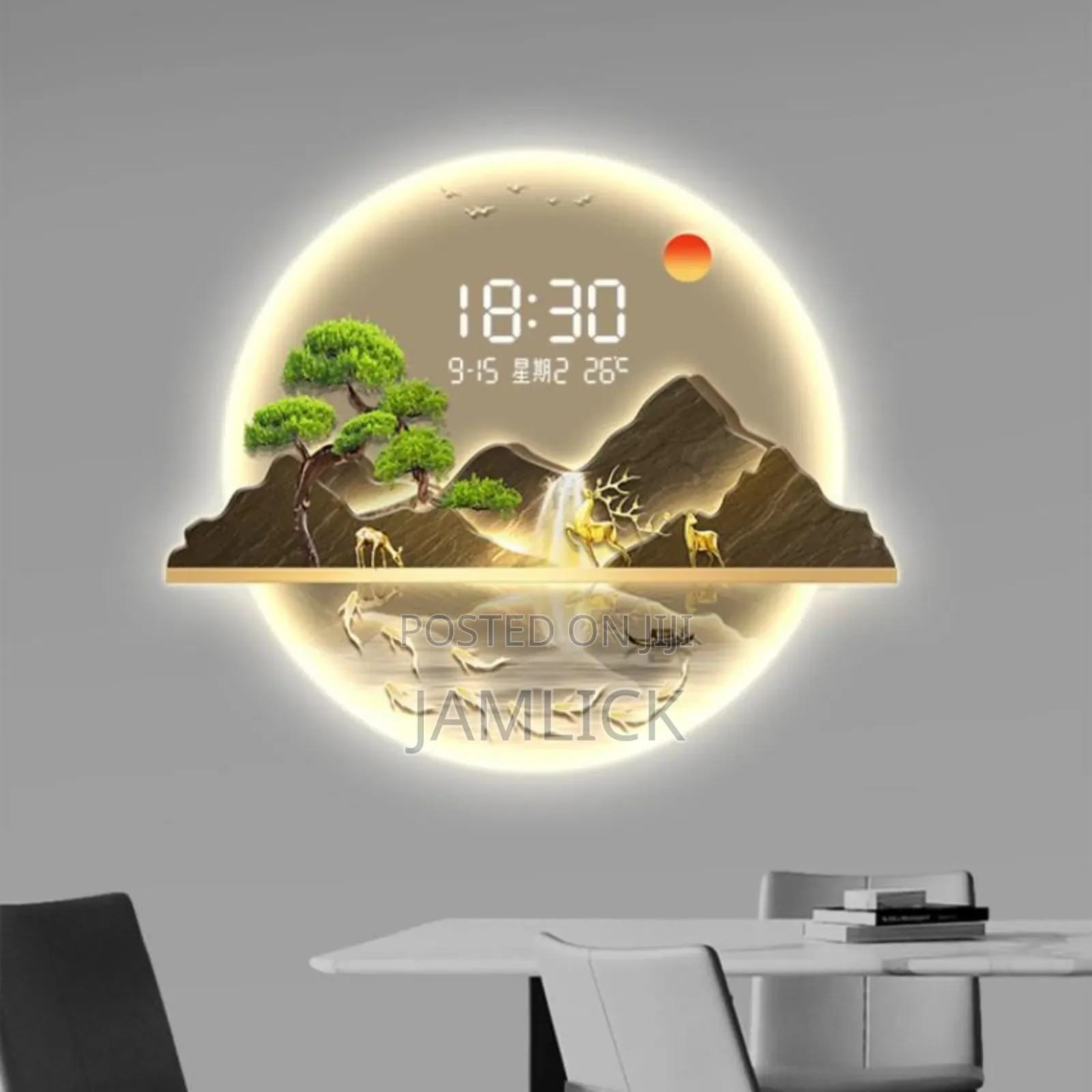 60×80 Round Greeting Pine 3d Led Decorative Wall Clock - Gh