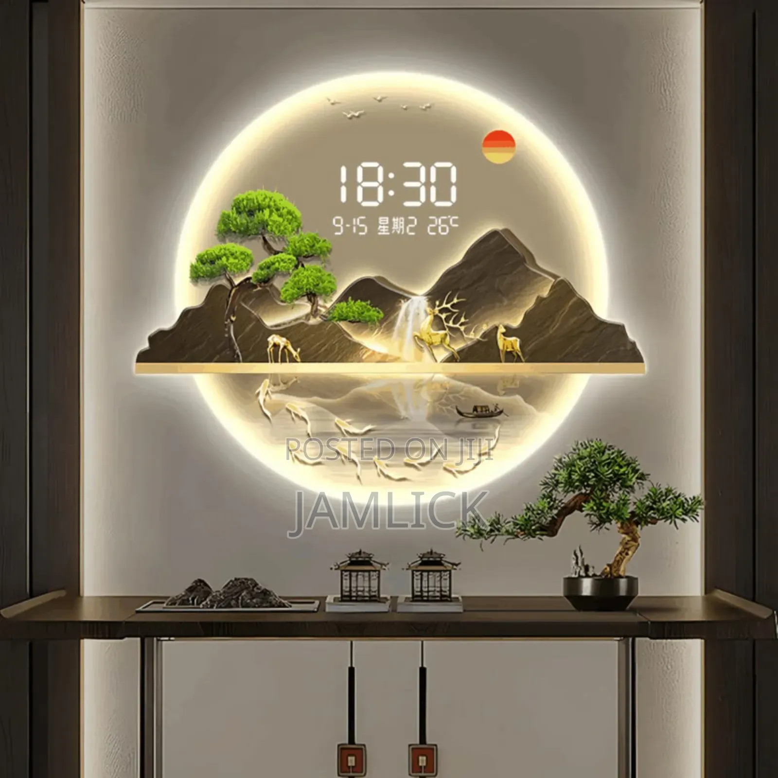 60×80 Round Greeting Pine 3d Led Decorative Wall Clock - Gh