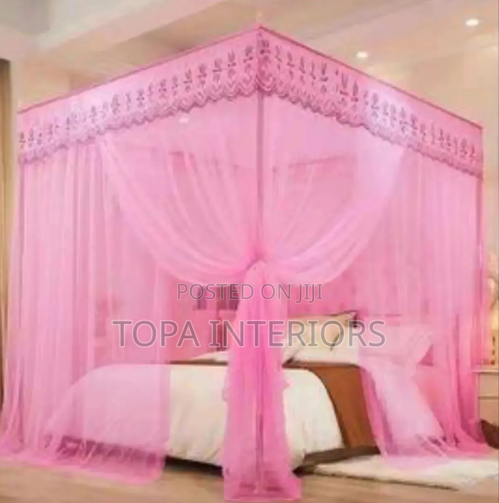 Four Fours Pink Canopy Mosquito Net With Four Stands