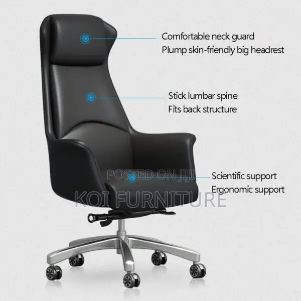 Office Chair :Black High-Back Leather Executive Ergonomic Office Chair
