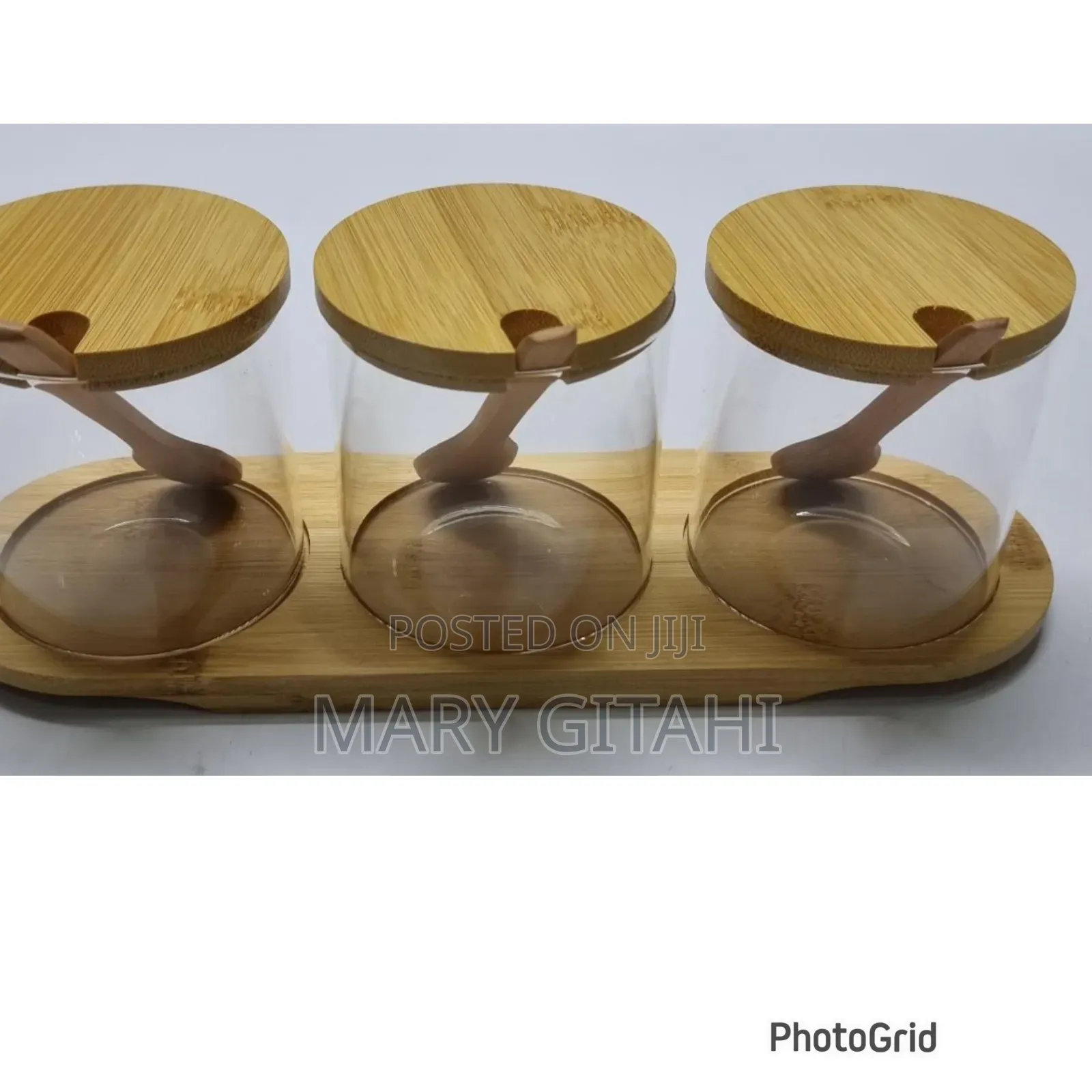 High Quality 3in1 Glass Sugar Set With Bamboo Stand, Lids and Spoons
