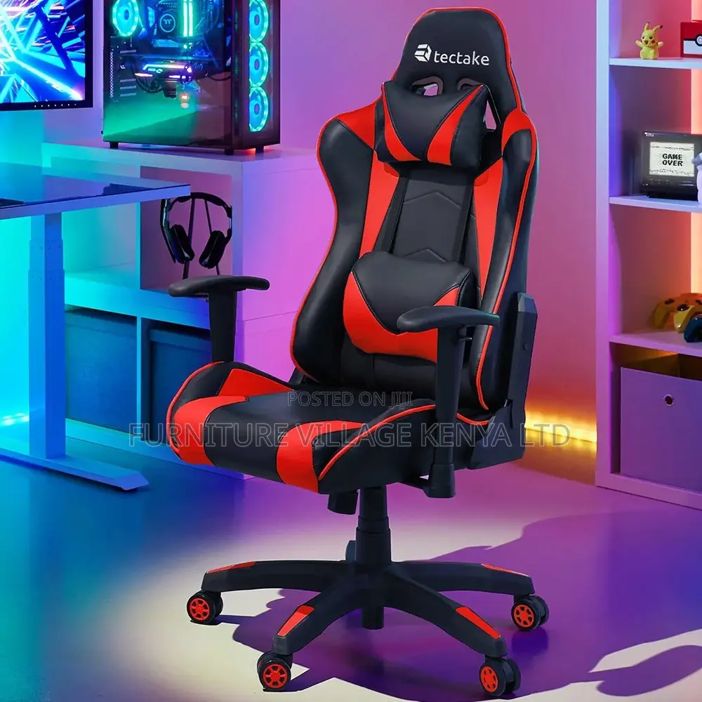 Gaming Chair; Faux Leather Black and Red Swivel Gaming Chair