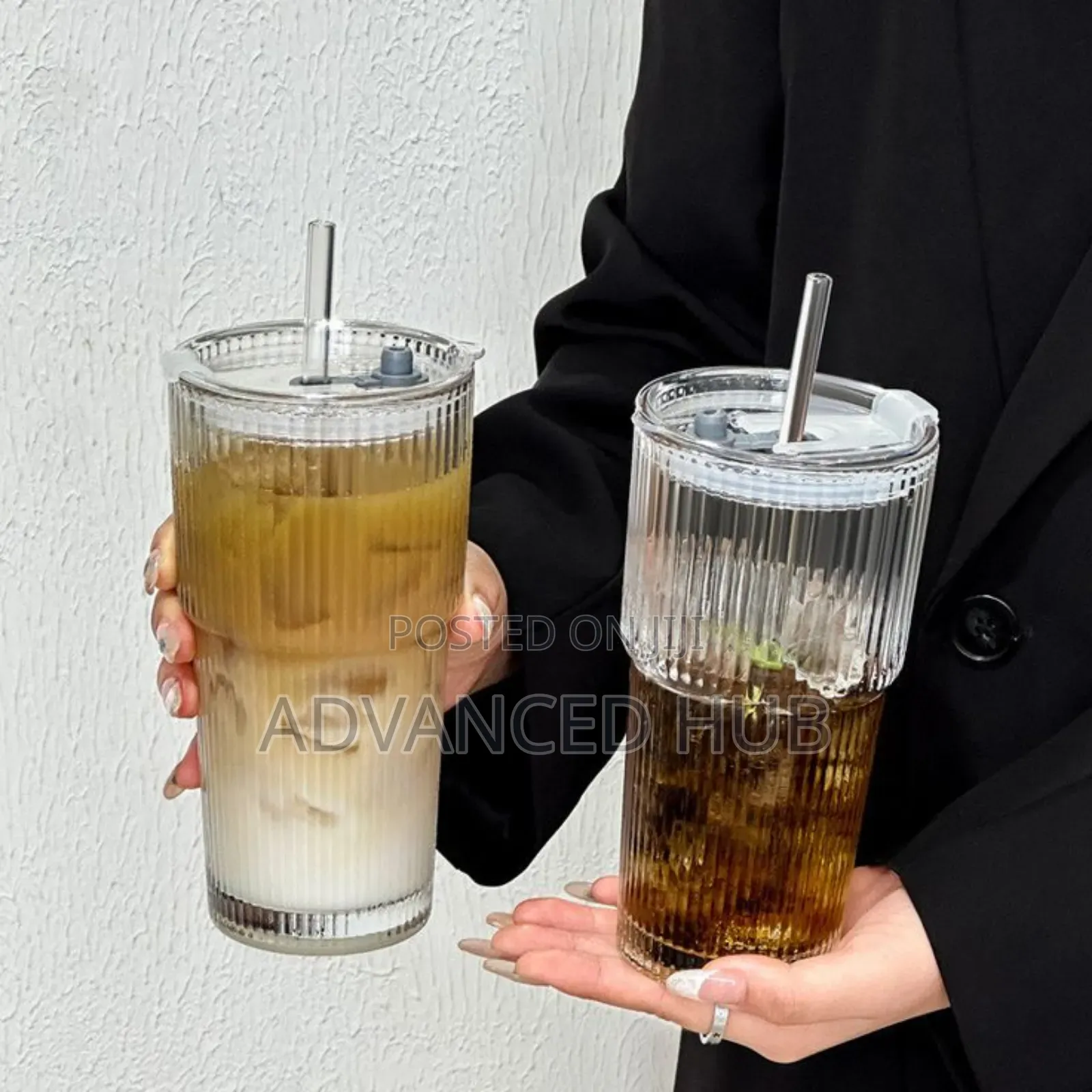 Round Vertical Stripped Smoothie Glass Cup With Straw