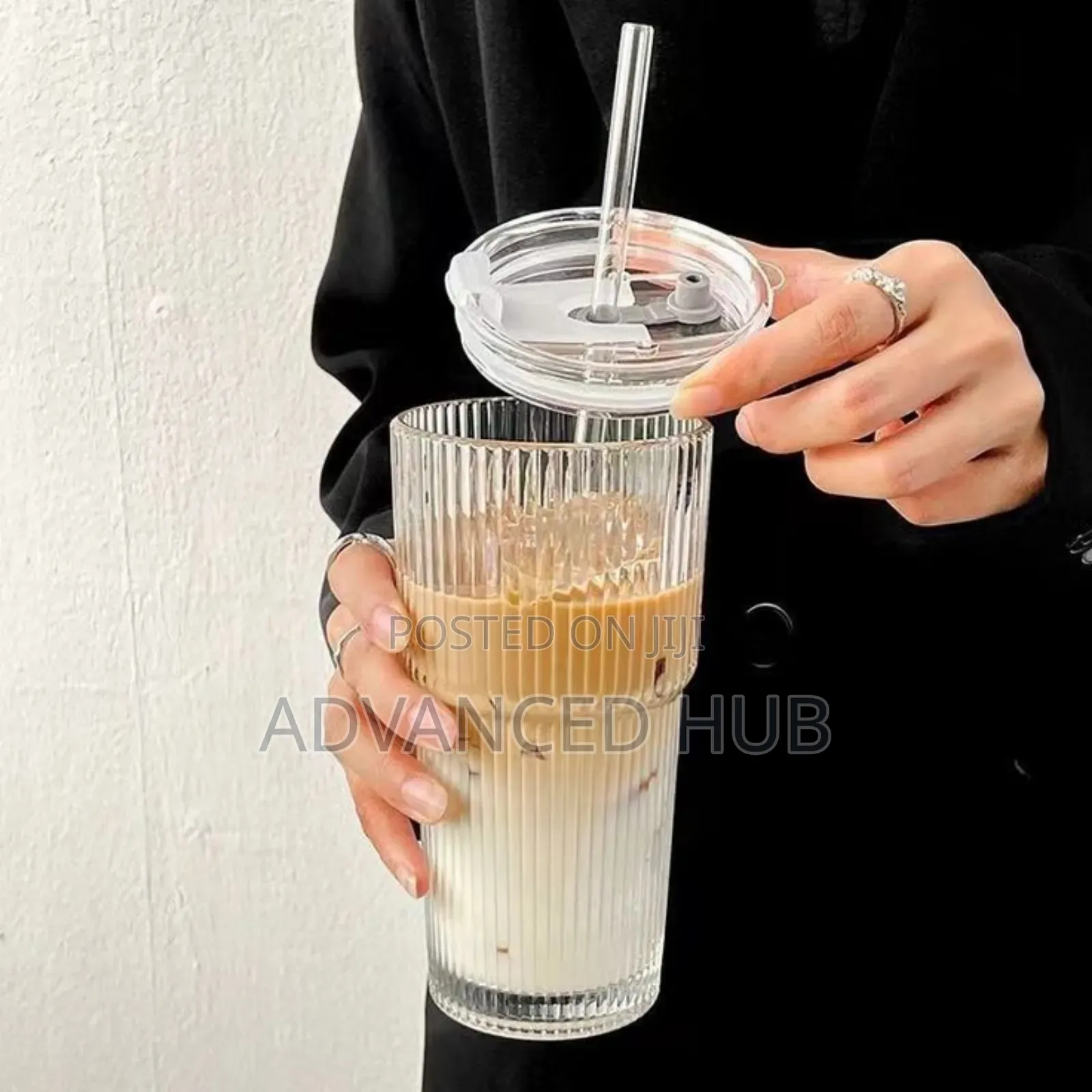 Round Vertical Stripped Smoothie Glass Cup With Straw
