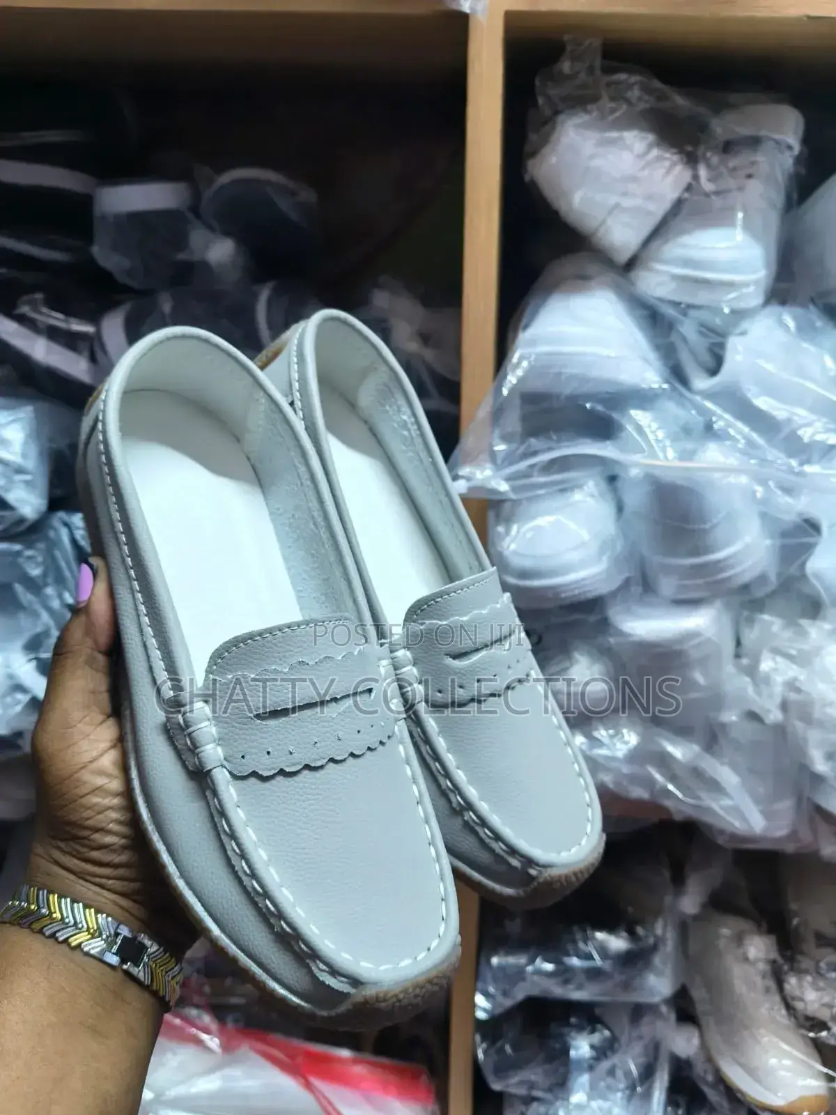 Gray Ladies Leather Loafer Shoes Size 37 to 43