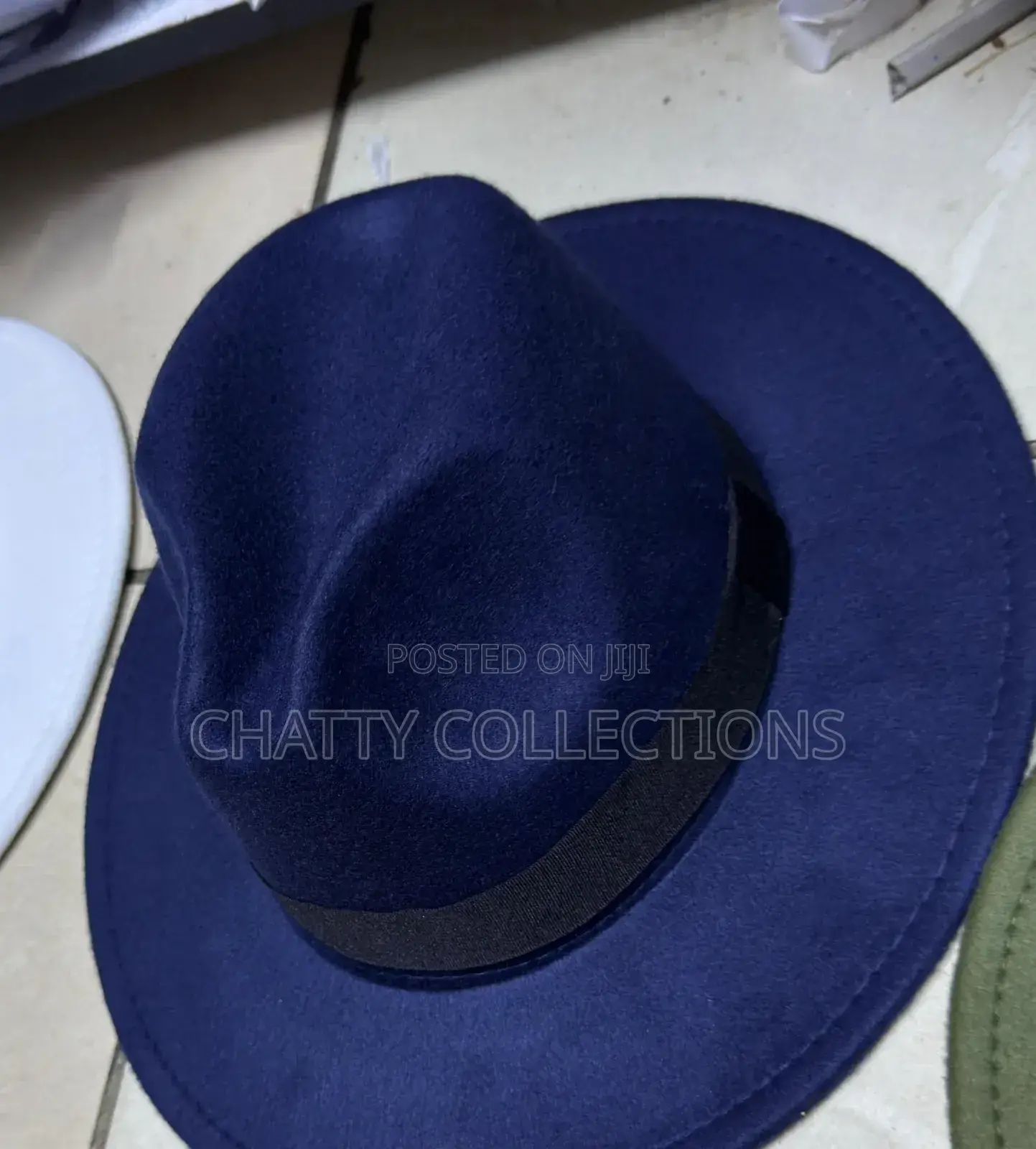 Navy Blue Unisex Wide Brim Fedora Hats With Black Ribbon