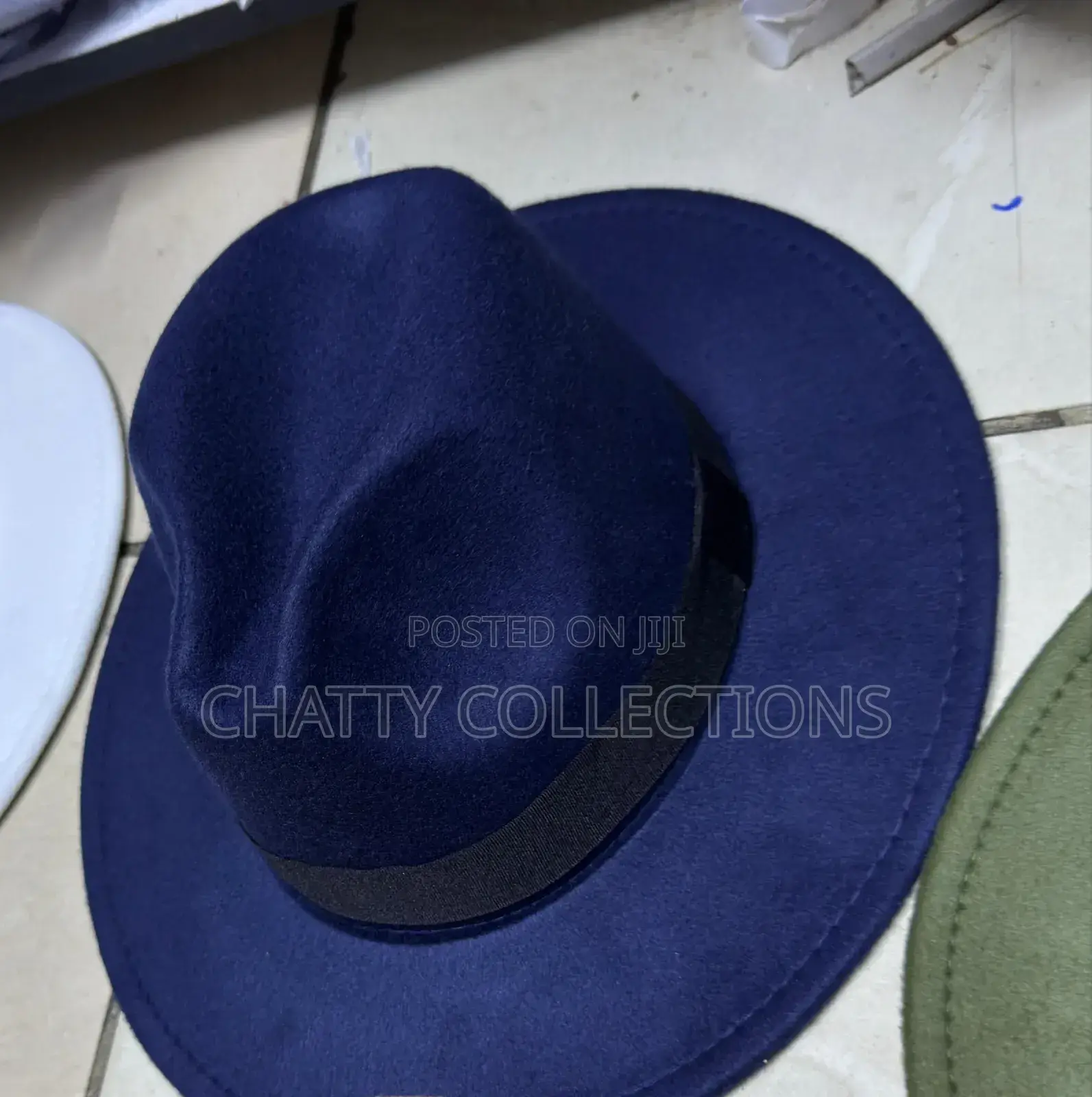 Navy Blue Unisex Wide Brim Fedora Hats With Black Ribbon