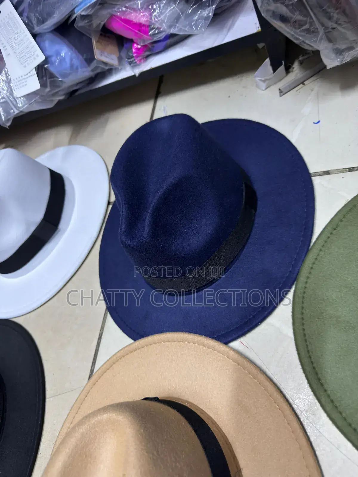 Navy Blue Unisex Wide Brim Fedora Hats With Black Ribbon