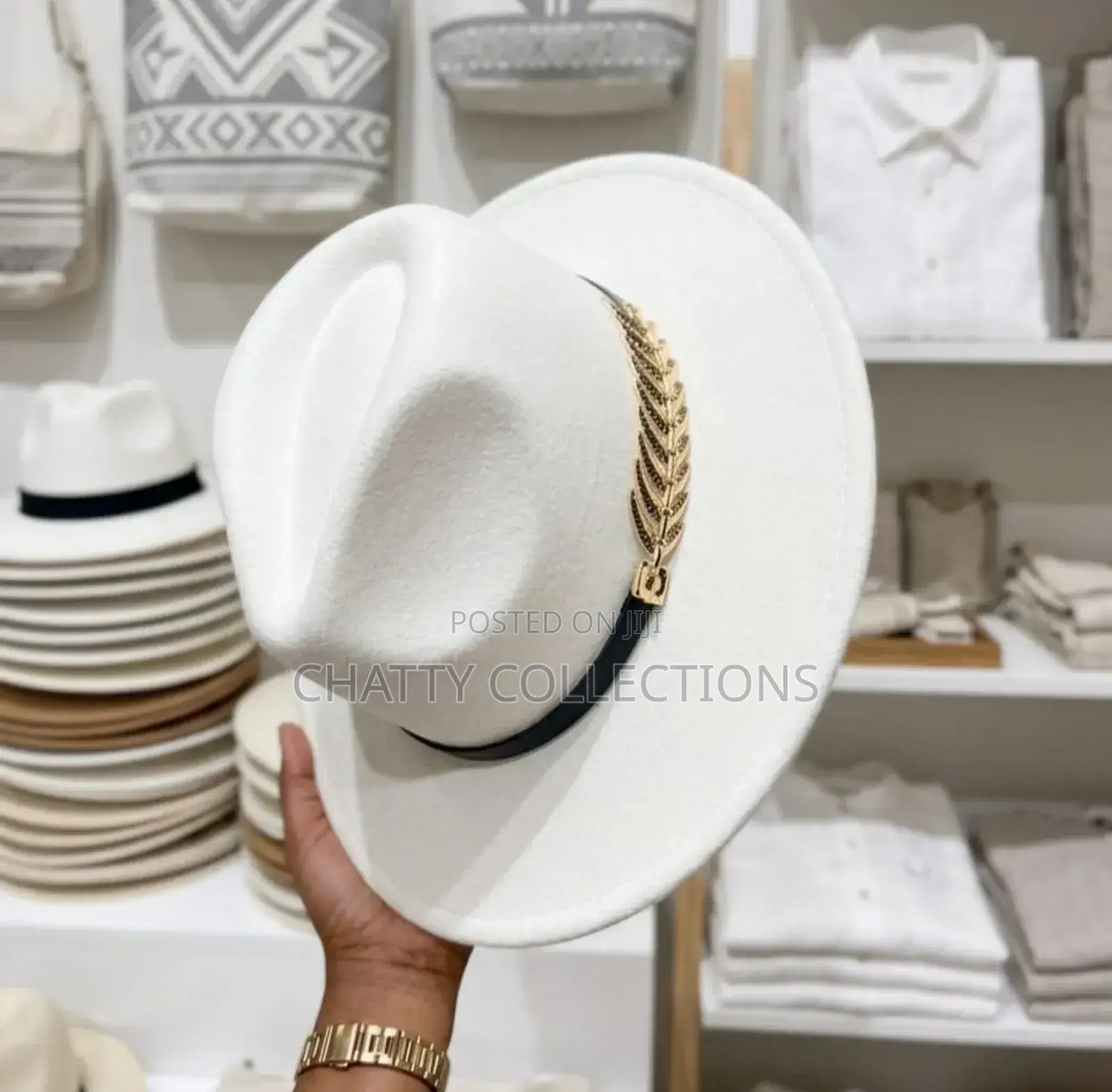 White Unisex Wide Brim Fedora Hats With Black And Gold Ribbon
